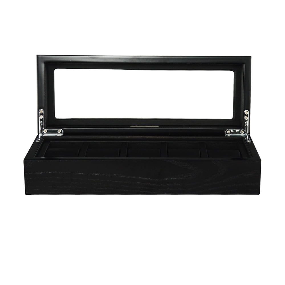 wooden watch box with tempered glass top and black veneer exterior
