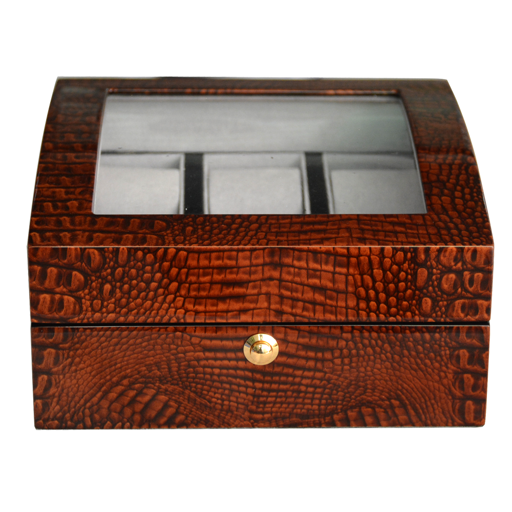 High Glossy Crocodile Grain Brown 6 Watch Case with Tempered Glass Display