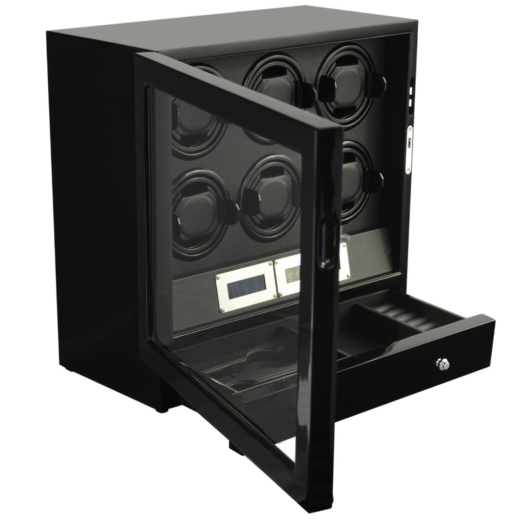 Black six watch winder with open tempered glass door and storage drawer