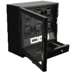 Black six watch winder with open tempered glass door and storage drawer