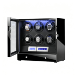 Black six watch winder with open tempered glass door, touchscreen controls and divided storage drawer