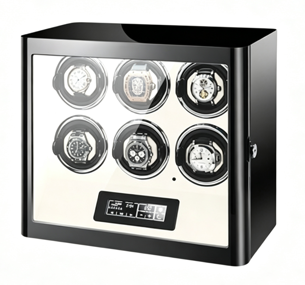 Black 6 watch winder with closed tempered glass door, beige interior, touchscreen and hardware lock