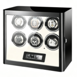 Black 6 watch winder with closed tempered glass door, beige interior, touchscreen and hardware lock