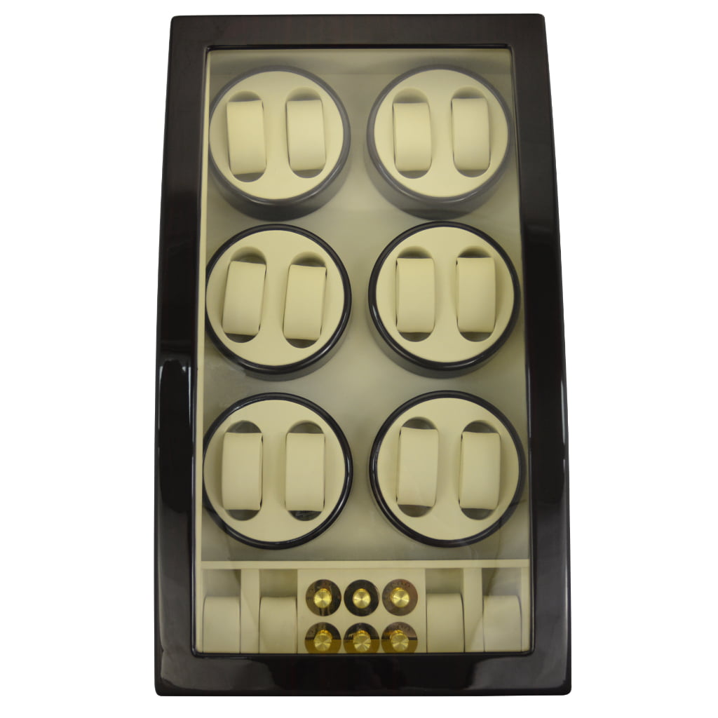 12 watch winder front view with ebony high-gloss cabinet, tempered glass window and beige interior