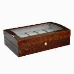 10 slot watch display case with brown crocodile grain exterior and glass window
