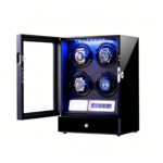 Black four watch winder with open tempered glass door and blue LED interior light