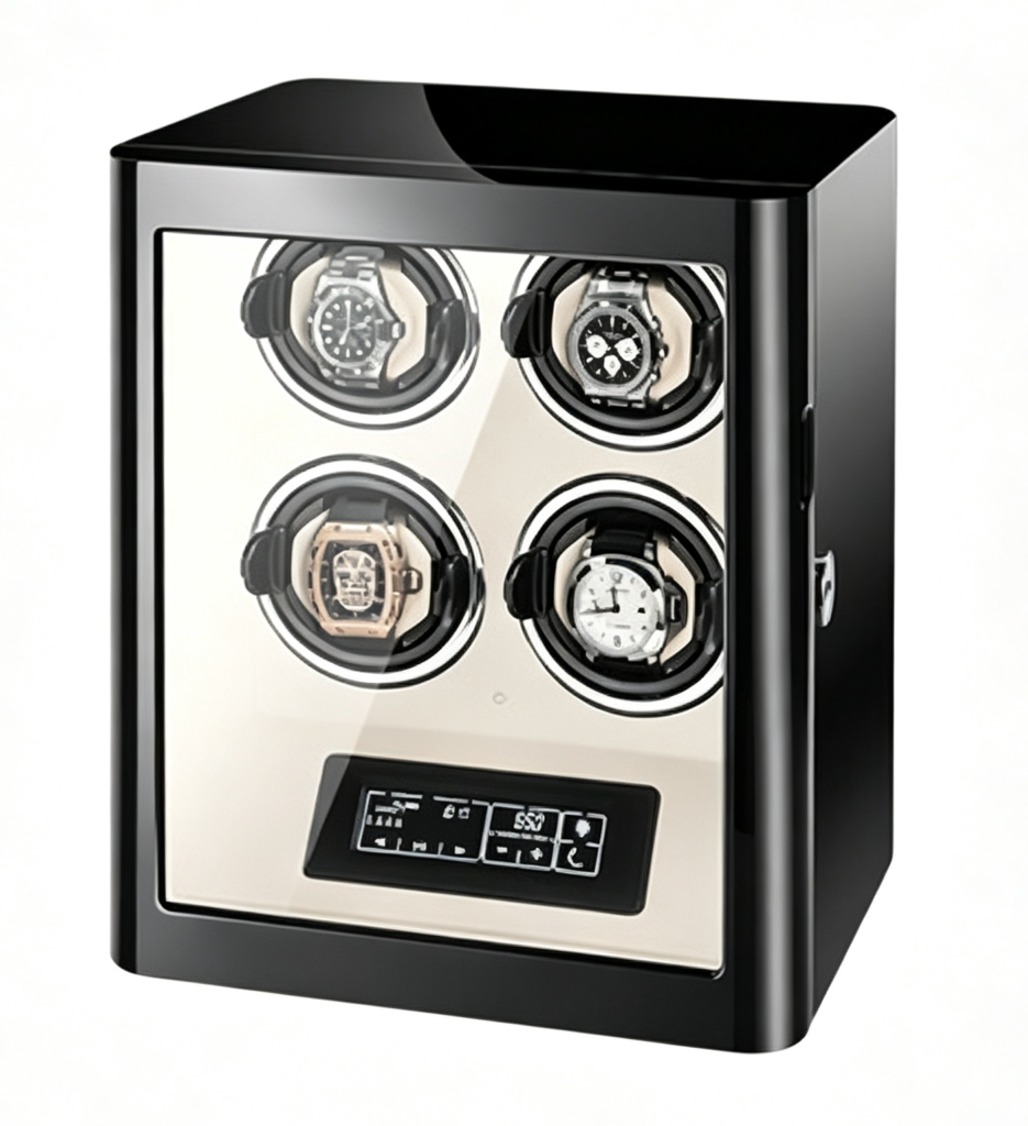 Black 3 watch winder with white interior, touchscreen control, LED lighting and tempered glass door