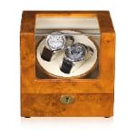 2-watch winder front view with wood-grain finish, acrylic window and beige interior