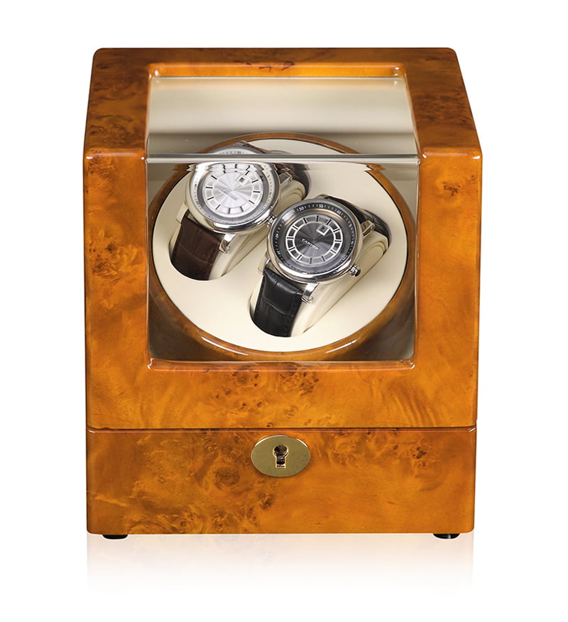 2-watch winder front view with wood-grain finish, acrylic window and beige interior