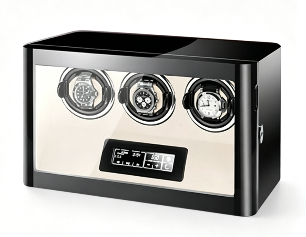 Black 3 watch winder with white interior, touchscreen control, LED lighting and tempered glass door