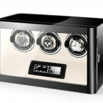Black 3 watch winder with white interior, touchscreen control, LED lighting and tempered glass door