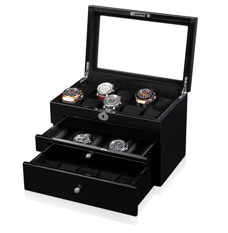 High Glossy Black 25 Watch Case with Tempered Glass Display
