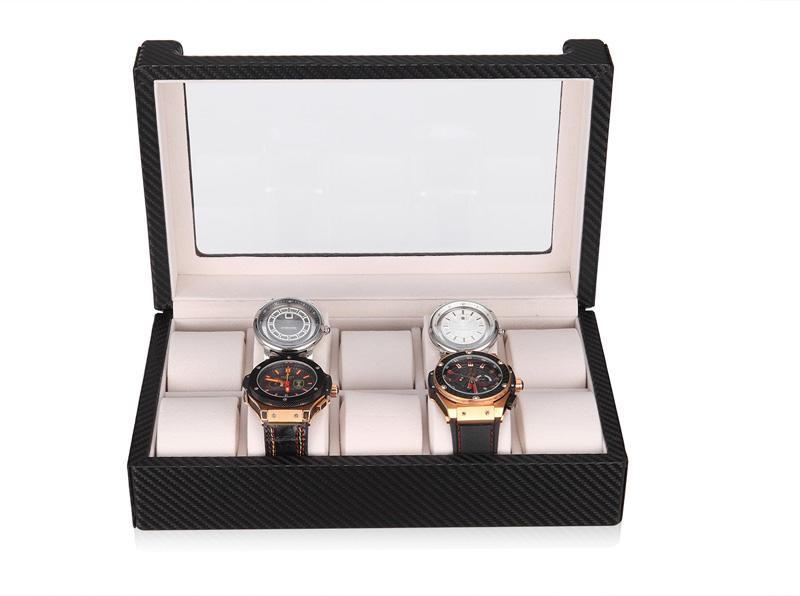 Carbon Fiber 10 Watch Case with Velvet Interior and Acrylic Display Window
