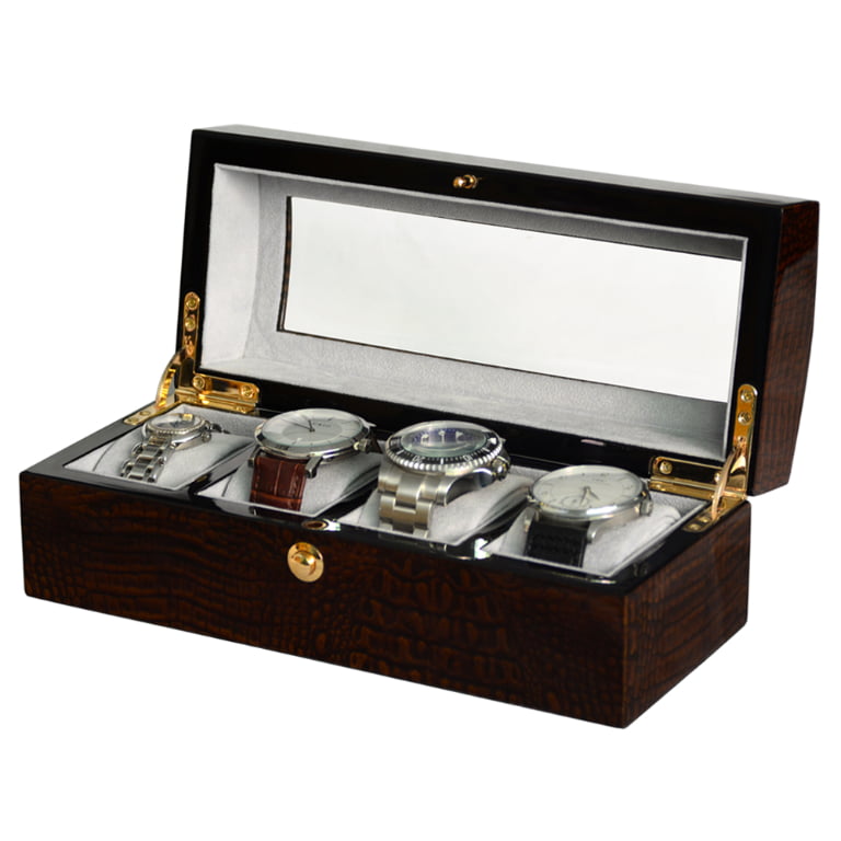 High Glossy Crocodile Grain Brown 4 Watch Case with Tempered Glass Display