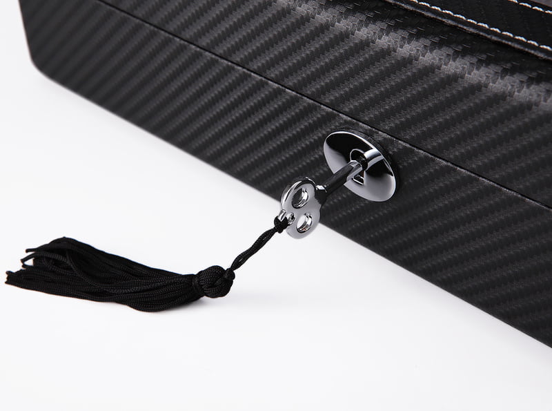 Black carbon fiber watch case with standard hardware lock and key