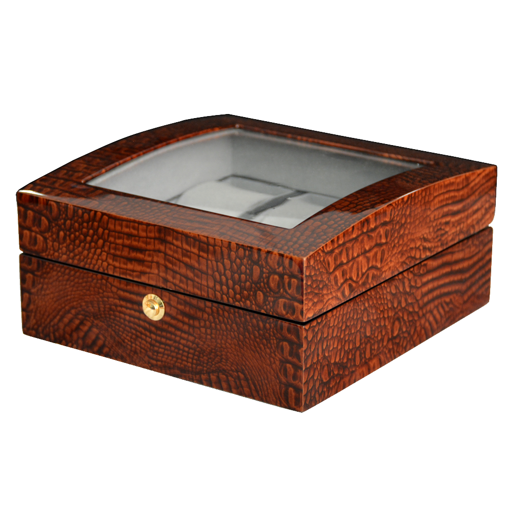 High Glossy Crocodile Grain Brown 6 Watch Case with Tempered Glass Display