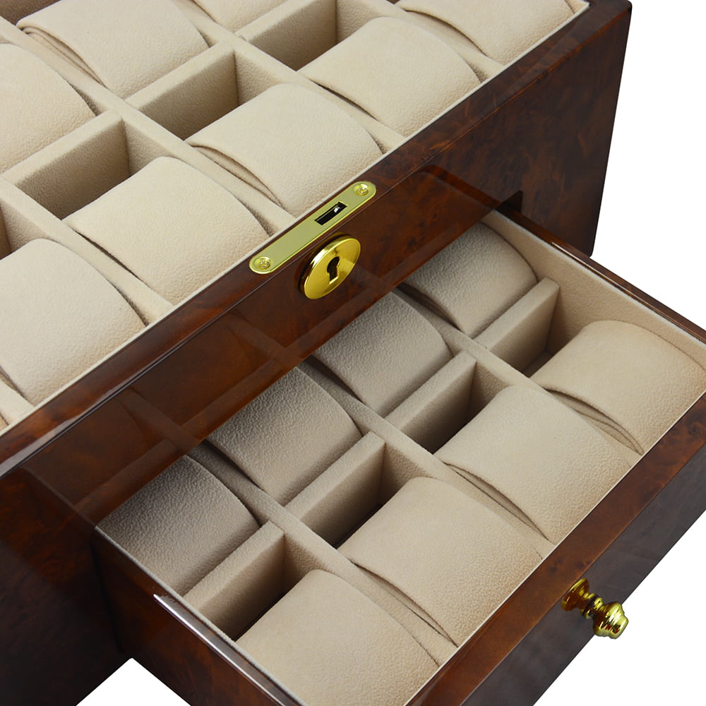 20 watch storage case with tempered glass display top and drawer