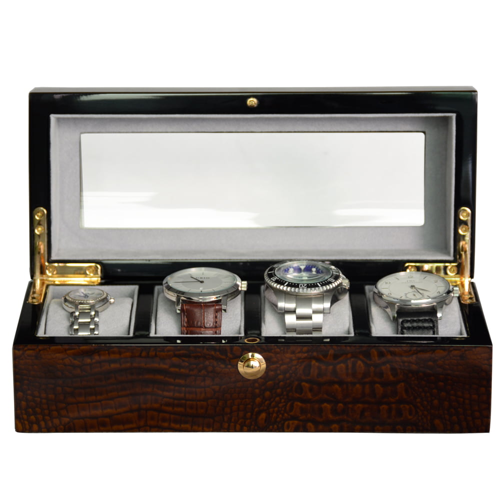 High Glossy Crocodile Grain Brown 4 Watch Case with Tempered Glass Display