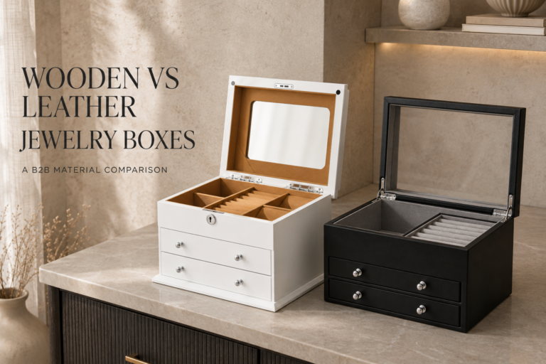 Wooden and leather jewelry boxes compared for brands and retailers