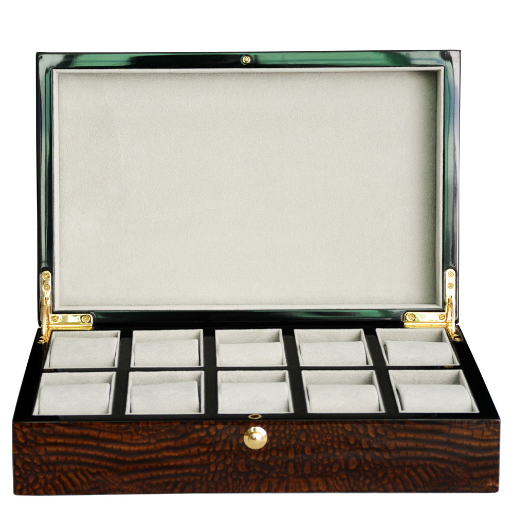 Brown crocodile grain wooden watch box with ten watch compartments