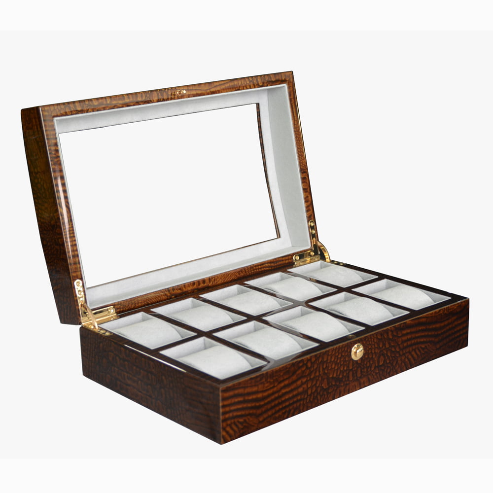 10 watch display case with brown crocodile grain finish and velvet watch cushions