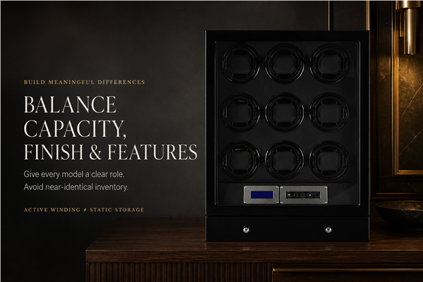 Front-view nine-position watch winder illustrating balanced capacity, finish and feature selection