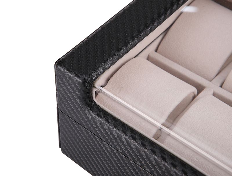 Carbon Fiber 10 Watch Case with Velvet Interior and Acrylic Display Window