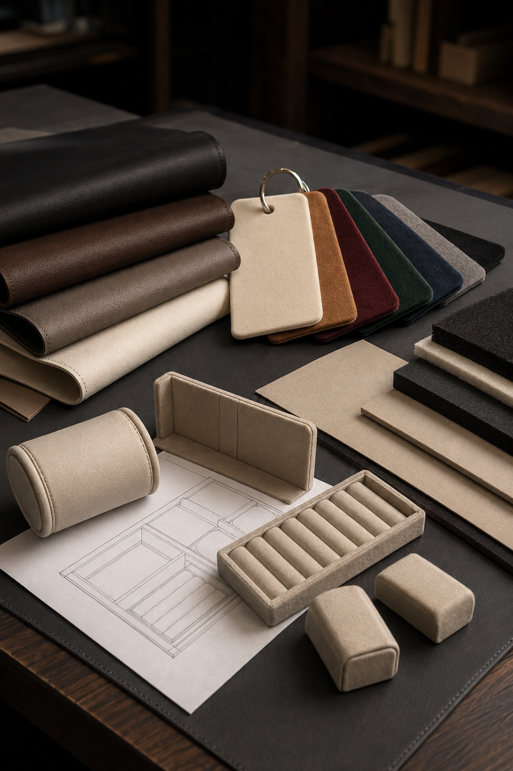 Custom interior lining inserts supports and compartment layout