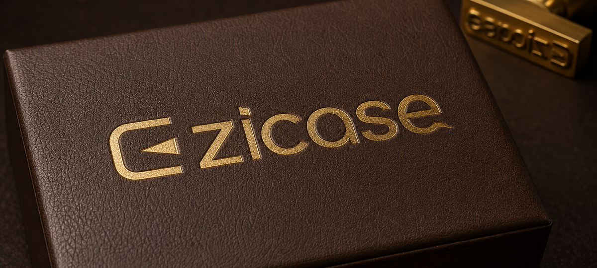 Hot stamped metallic logo detail on a custom luxury box