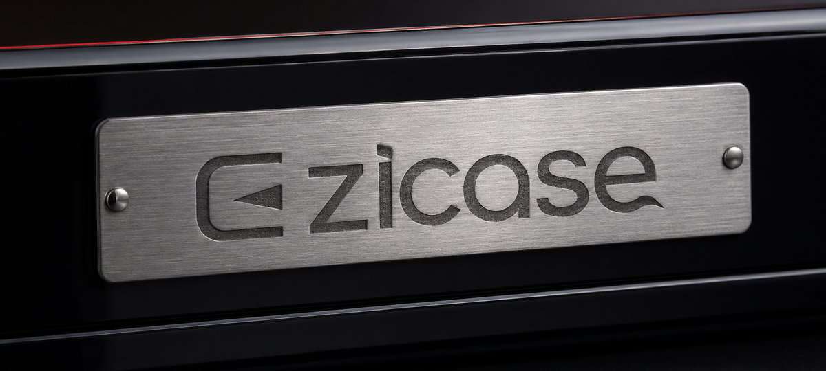 Laser engraved logo detail on a custom metal plate