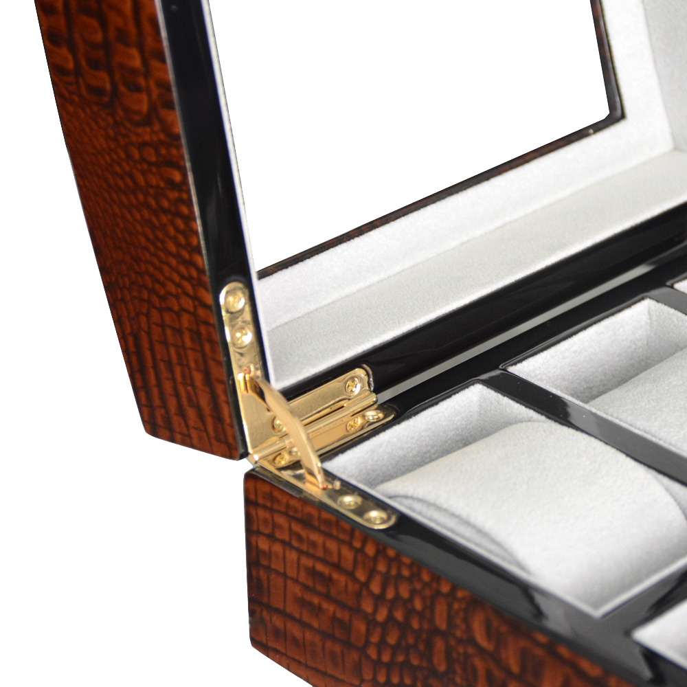 High Glossy Crocodile Grain Brown 6 Watch Case with Tempered Glass Display