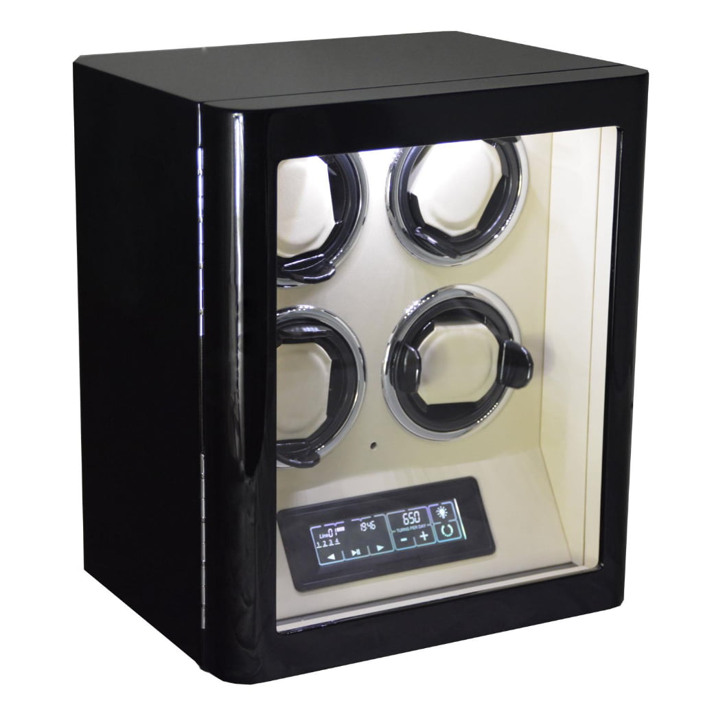 Black 4 watch winder with tempered glass door, beige interior and touchscreen control panel