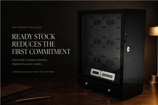 Closed nine-position watch winder illustrating ready-stock market testing with lower initial commitment