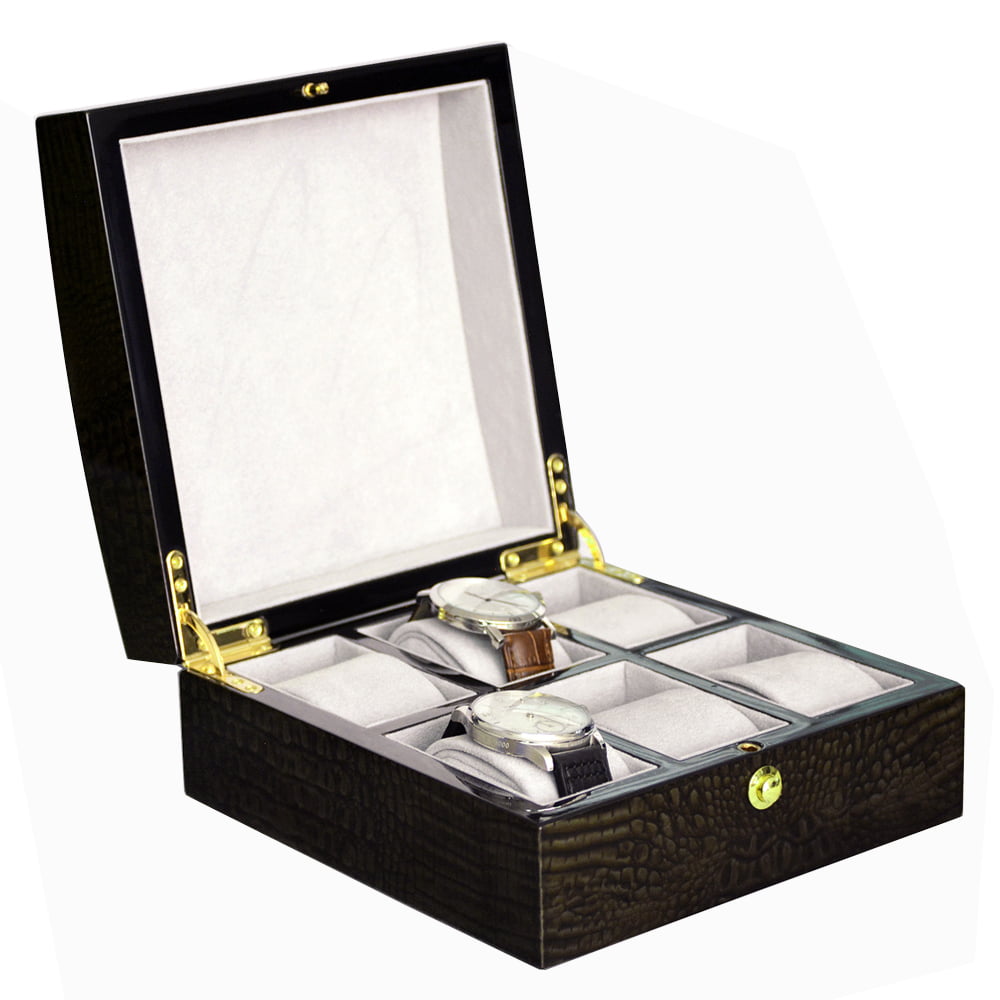 High Glossy Crocodile Grain Deep Green 6 Watch Case with Velvet Interior