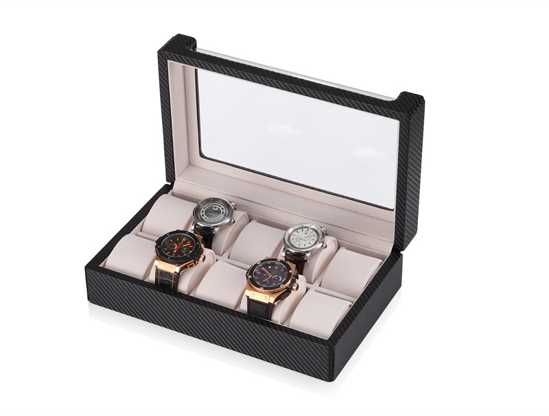 Carbon Fiber 10 Watch Case with Velvet Interior and Acrylic Display Window