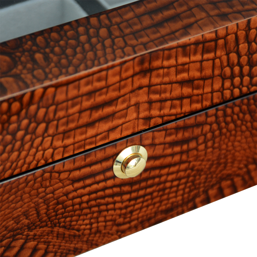 High Glossy Crocodile Grain Brown 6 Watch Case with Tempered Glass Display