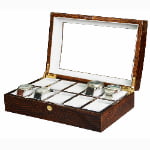 brown crocodile grain watch collector box with open lid and grey velvet interior