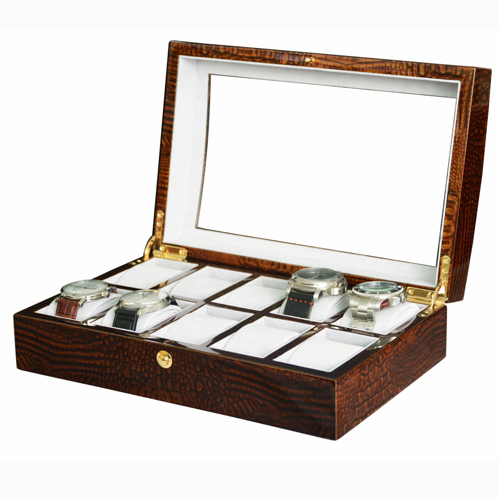 brown crocodile grain watch collector box with open lid and grey velvet interior