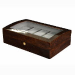 brown crocodile grain watch display case with tempered glass top and front lock