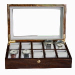 10 slot watch organizer box with grey velvet wrapped compartments