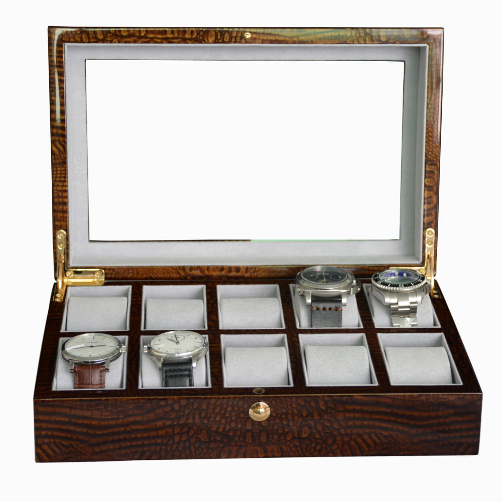 10 slot watch organizer box with grey velvet wrapped compartments