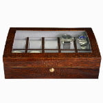 brown crocodile grain watch storage box with organized watch slots and glass display