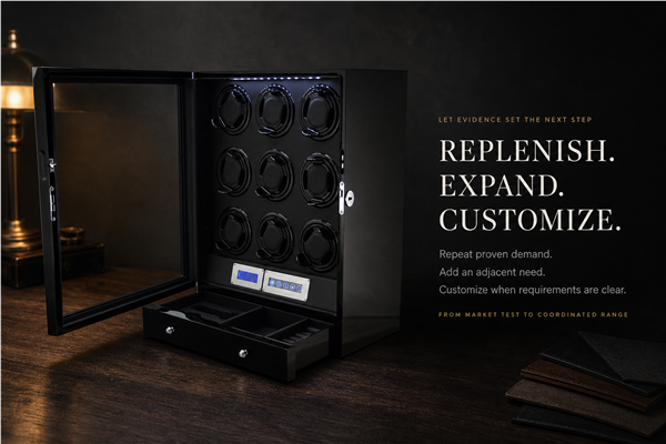 Open nine-position watch winder illustrating the path from replenishment to range expansion and customization