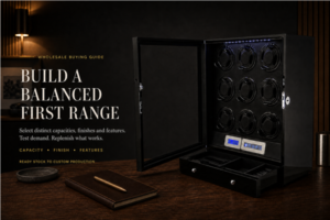 Large nine-position wholesale watch winder in a premium workspace illustrating balanced range planning
