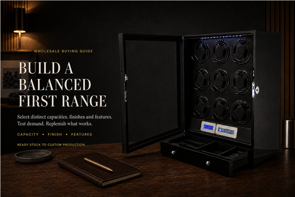 Large nine-position wholesale watch winder in a premium workspace illustrating balanced range planning