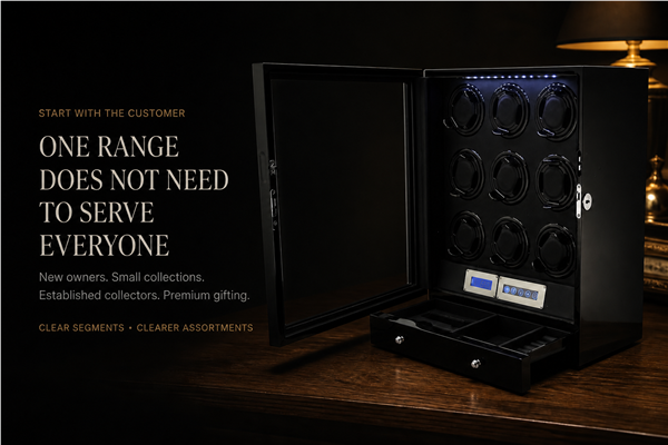 Nine-position wholesale watch winder illustrating customer segments for a focused first assortment