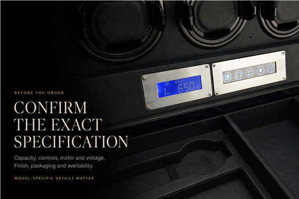 Illuminated 650 TPD control panel on a nine-position wholesale watch winder highlighting specifications to confirm