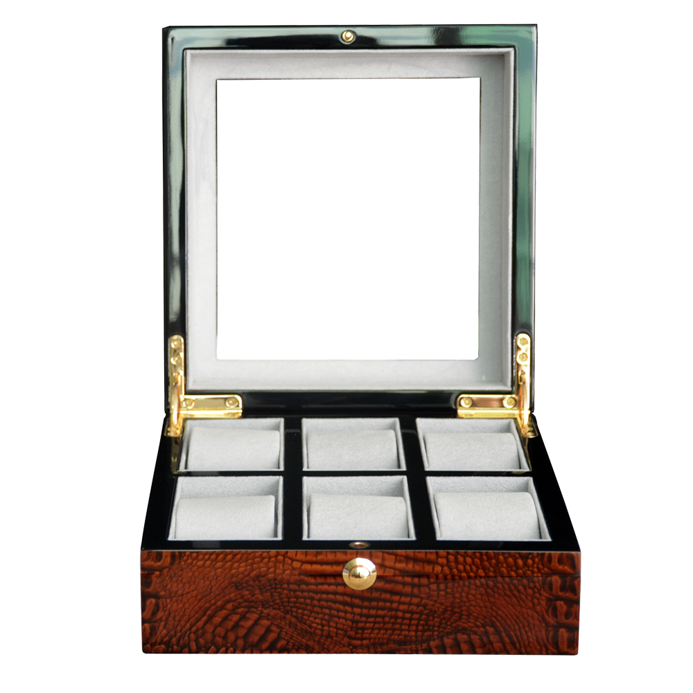High Glossy Crocodile Grain Brown 6 Watch Case with Tempered Glass Display