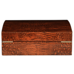 Brown crocodile grain watch box with velvet interior and lock closure
