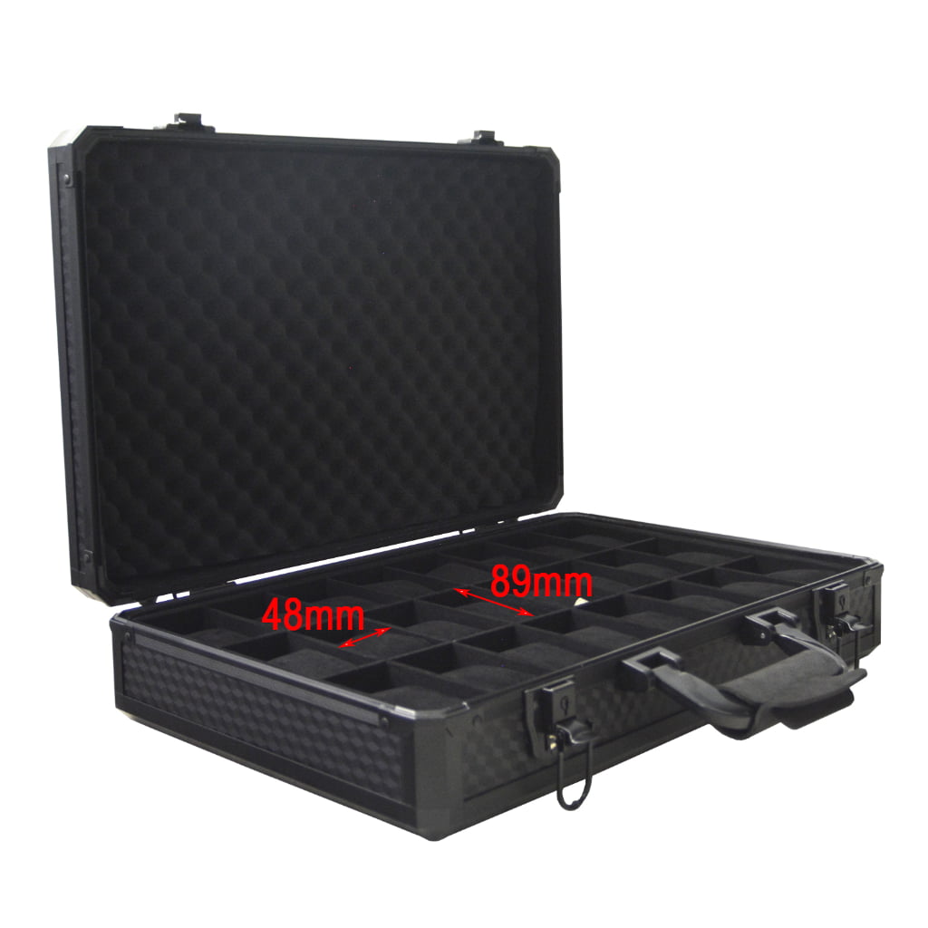 Open 24 slot watch suitcase showing approximately 89 mm by 48 mm compartment dimensions